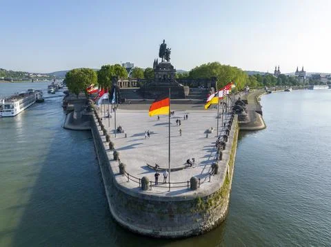 Deutsches Eck or German Corner headland in Koblenz, where the Mosel river joins Stock Photos