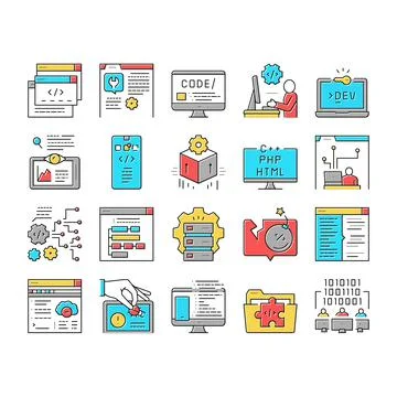 Dev Code Occupation Collection Icons Set Vector . 스톡 일러스트