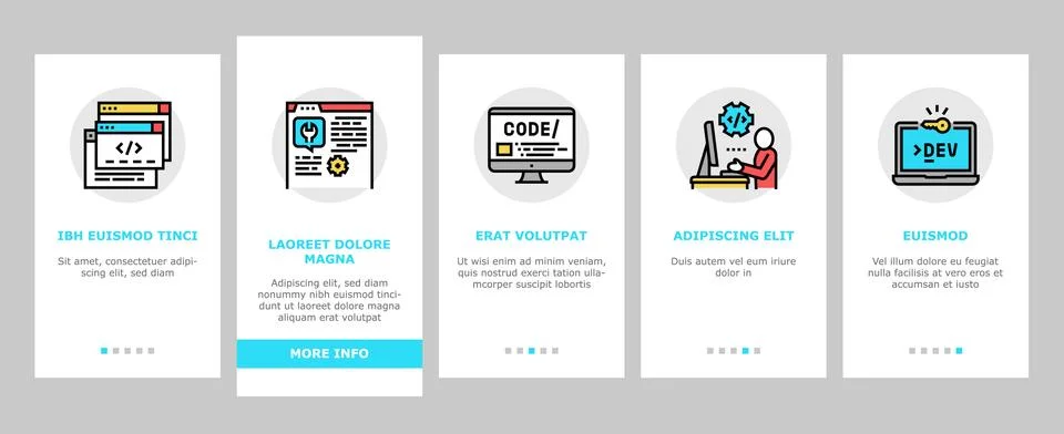 Dev Code Occupation Onboarding Icons Set Vector Stock Illustration