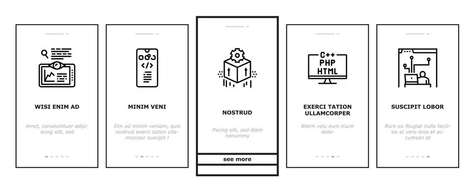 Dev Code Occupation Onboarding Icons Set Vector Stock Illustration