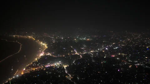 Dev Diwali in Kashi: Aerial View of Ganga River, Glowing Boats, and Ghats a.. Stock Footage 295048441