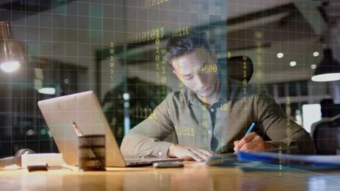 Dev glancing at laptop, noting and analyzing data, causing binary grid overlay Stock Footage 334465912