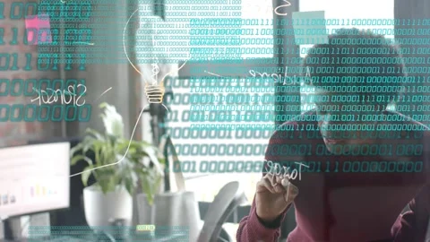 Dev grabbing marker, writing on clear glass, refining tech idea while binary Stock Footage 333413849