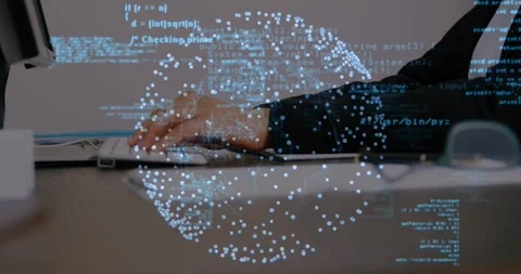 Dev hands typing and clicking by moving mouse, editing code with dotted sphere Stock Footage 329929418