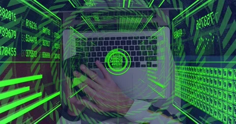 Dev holding phone over laptop while moving hands, causing green HUD target Stock Footage 330003157
