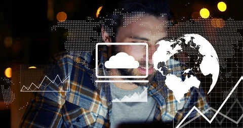 Dev on laptop, watching live data activating cloud-globe charts, evolving into Stock Footage 333967480