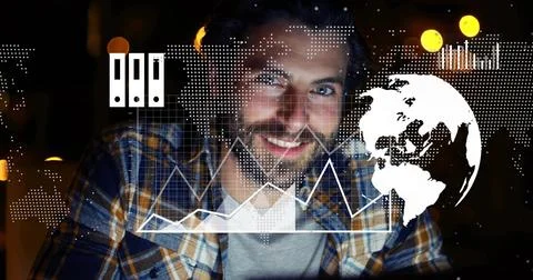 Dev on laptop, watching live data activating cloud-globe charts, evolving into Stock Photos