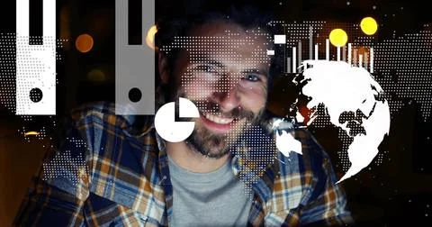 Dev on laptop, watching live data activating cloud-globe charts, evolving into Stock Photos