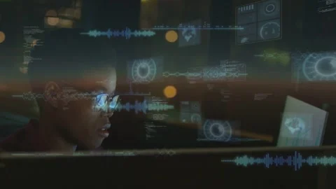 Dev studying screen leaning and taking offered docs while HUD code waves Stock Footage 332522838