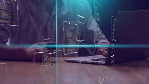Dev tapping phone and using laptop while debugging, code panels and cyan lines Stock-Footage 335466168