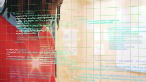 Dev tapping tablet by window, showing green grid, floating code, camera pulling Stock Footage 329908952