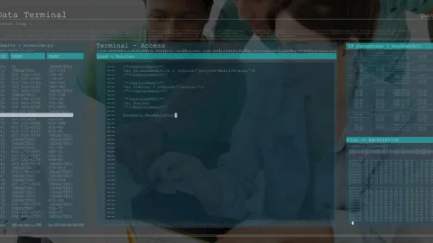Dev team at desk, pointing, tapping while overlay fading in and updating code, Stock Footage 333035008