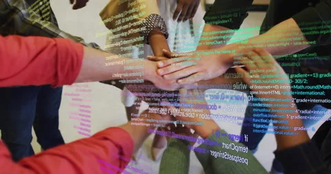 Dev team extending hands stacking palms starting code overlay and showing Stock-Footage 315542260