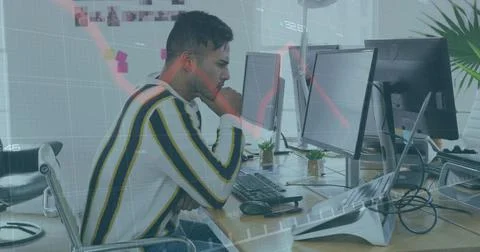 Dev typing and pausing while using tablet, causing animated charts on monitors Stock Photos