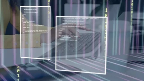 Dev typing keys, causing code panes and binary digits sliding over hands, Stock Footage 335316961