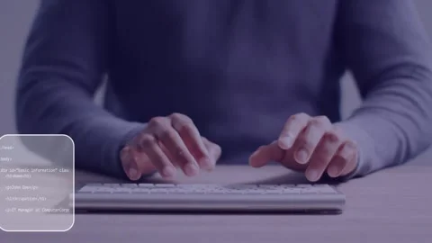 Dev typing on keys, code (HTML or CSS) overlays appearing or shifting or fading, Stock Footage 334788761