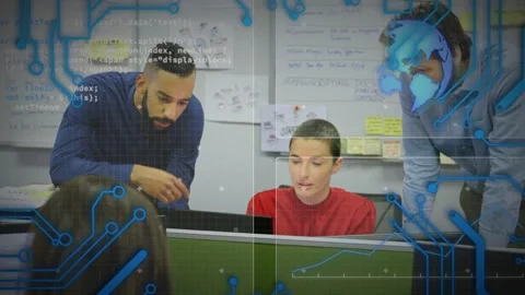 Dev typing keys team leaning pointing debugging software code circuit overlay Stock Footage 333774402
