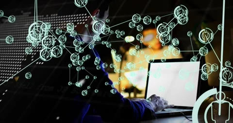 Dev typing on laptop, causing teal nodes overlaying figure and code forming map Stock Footage 334033898