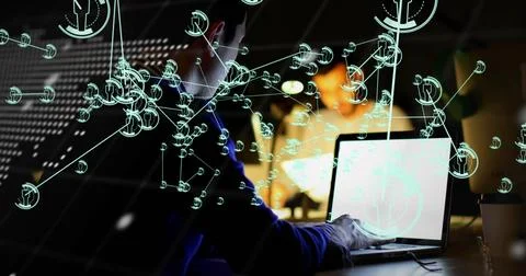 Dev typing on laptop, causing teal nodes overlaying figure and code forming map 写真素材