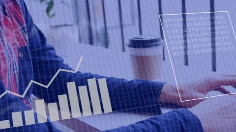 Dev typing laptop by window activating charts and binary panel around screen Stock Footage 335732025