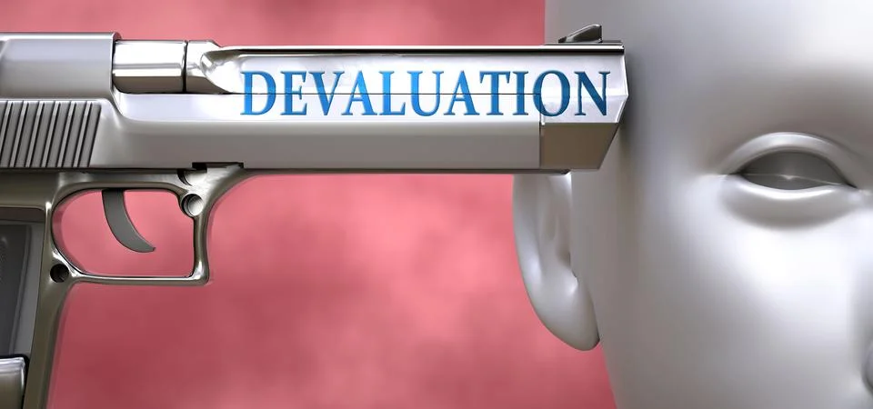 Devaluation can be dangerous or deadly for people - pictured as word Devaluat Stock Illustration