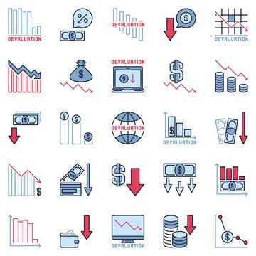 Devaluation colored icons. Vector set of Currency Depreciation signs Stock Illustration