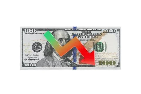 Devaluation Concept. One Hundred Dollar Bill with Falling Rate Arrow. 3d Re.. Stock Illustration