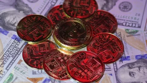 Devaluation money  Bitcoin vs dollar bills police light, Currency exchange Stock Footage 195669654