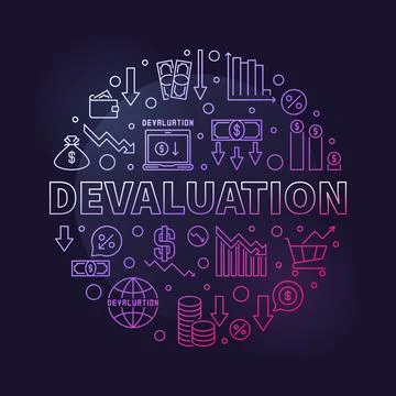 Devaluation round colored banner - Currency Depreciation vector line illust.. Stock Illustration