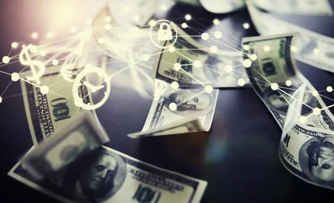 Devaluation of US dollar currencies. Devaluation refers to a decrease in a .. Stockfoto's