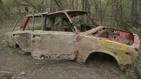 Devastaded construction of car in Chernobyl. Stock Footage 118992513