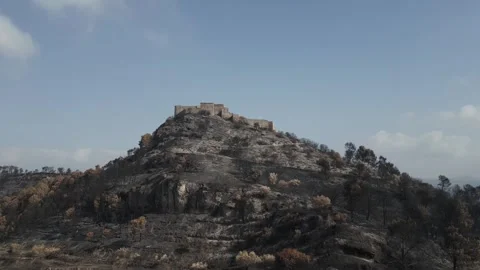 Devastated burned forest surrounding the historic Castle of Claramunt Stock Footage 341120942