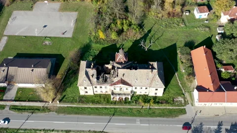 Devastated castle and park drone shot Stock Footage 223725807