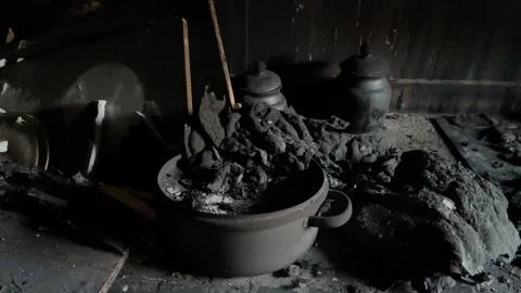 Devastating aftermath of a building fire with smoldering ruins Video stock 320815652