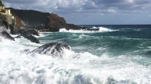 Devastating and spectacular sea storm in Framura, Liguria Cinque Terre - sea wav Stock Footage 139148611