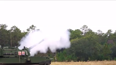 Devastating Artillery Weapon - Powerful M109 Paladin Howitzer  (12) Stock Footage 253333467