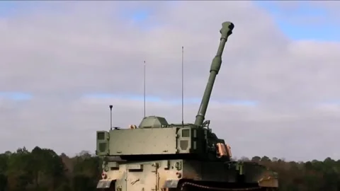 Devastating Artillery Weapon - Powerful M109 Paladin Howitzer  (15) Stock Footage 253333571