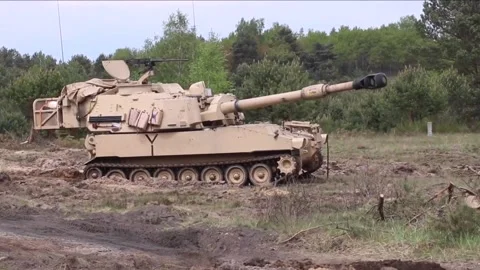 Devastating Artillery Weapon - Powerful M109 Paladin Howitzer  (36) Stock Footage 253334247