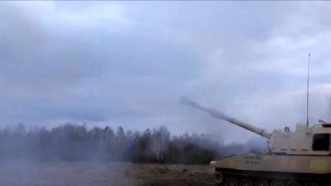 Devastating Artillery Weapon - Powerful M109 Paladin Howitzer  (55) Stock Footage 253334823