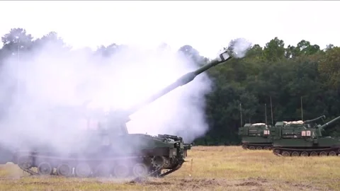 Devastating Artillery Weapon - Powerful M109 Paladin Howitzer  (9) Video stock 253334891
