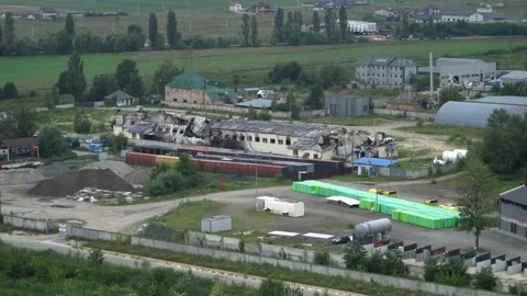 Devastating scenery from above with burnt and broken of a warehouse. Blown-up Stockbeeldmateriaal 221256516