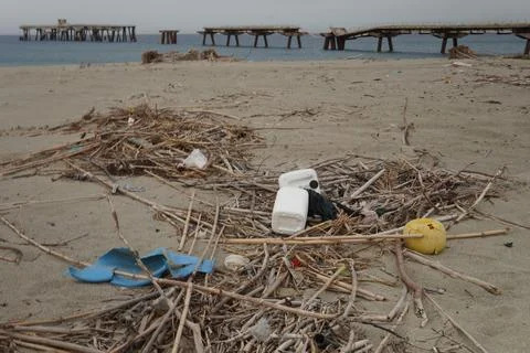 A devastating storm destroyed a bridge across the sea. 스톡 사진