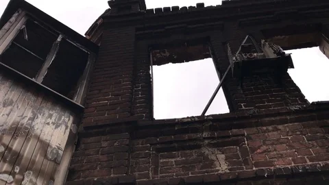 Devastation, the consequence of a fire in a residential area Stock Footage 79160739
