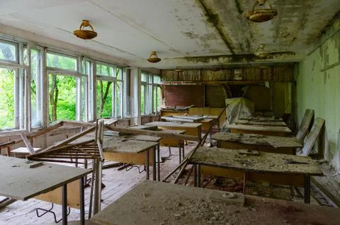 Devastation in premises of abandoned school in exclusion zone of Chernobyl Stock Photos