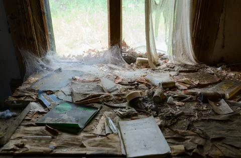 Devastation in premises of former veterinary laboratory in resettled village Stock Photos