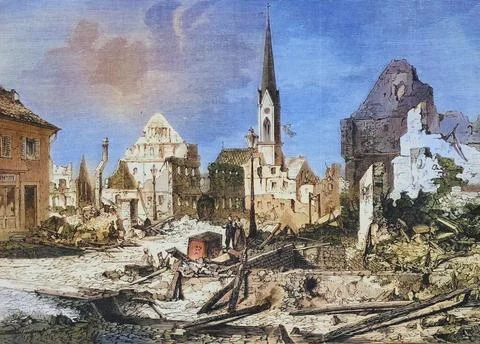 The devastations in the main street of Kehl after the bombardment illustrated Stock Illustration