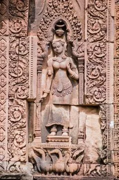Devata with geese bas relief carving, Banteay Srei, Angkor Stock Photos