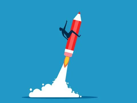Develop and increase productivity. Businessman flies with a pencil rocket Stock Illustration