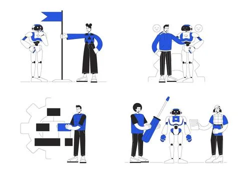 Develop artificial intelligence technologies line vector spot illustration pack Illustrazione stock