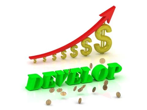DEVELOP- bright color letters and graphic growing dollars and red arrow on a Stock Illustration